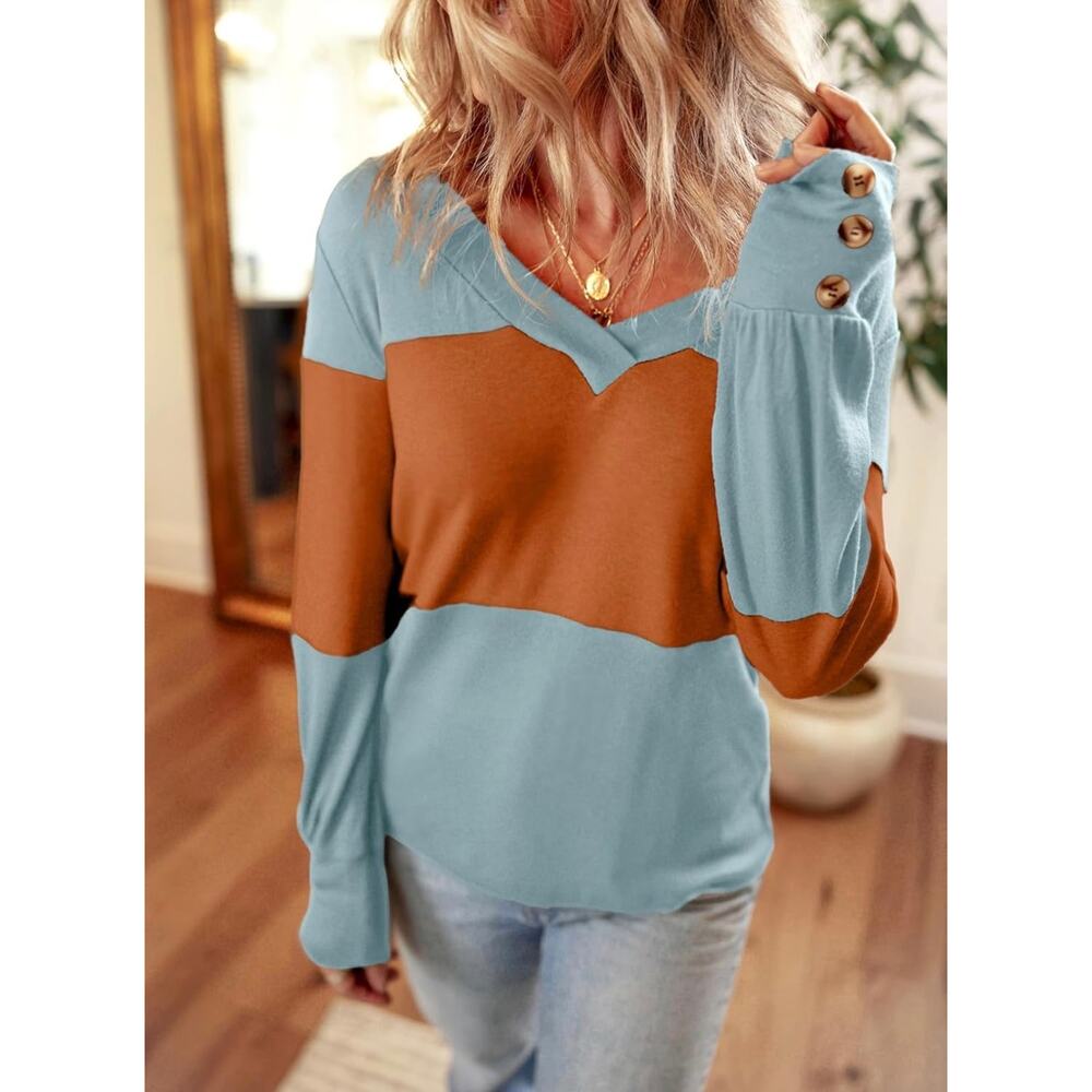 Dokotoo Women's Casual Color Block V Neck Long Sleeve Tunic Top